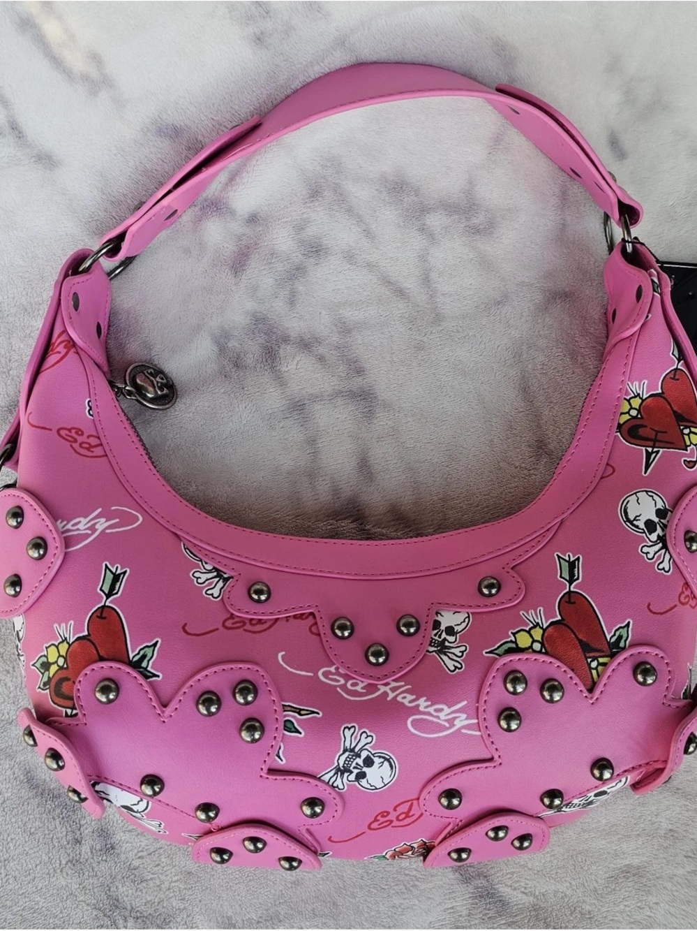 Ed Hardy Pink Tattoo-Print Studded Shoulder Bag
